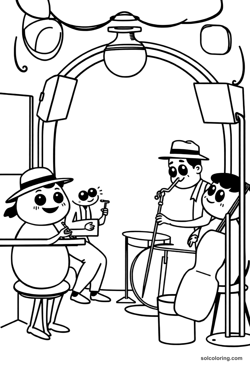 Cute Cartoon 1920s Jazz Club Scene coloring page, free printable cute cartoon style