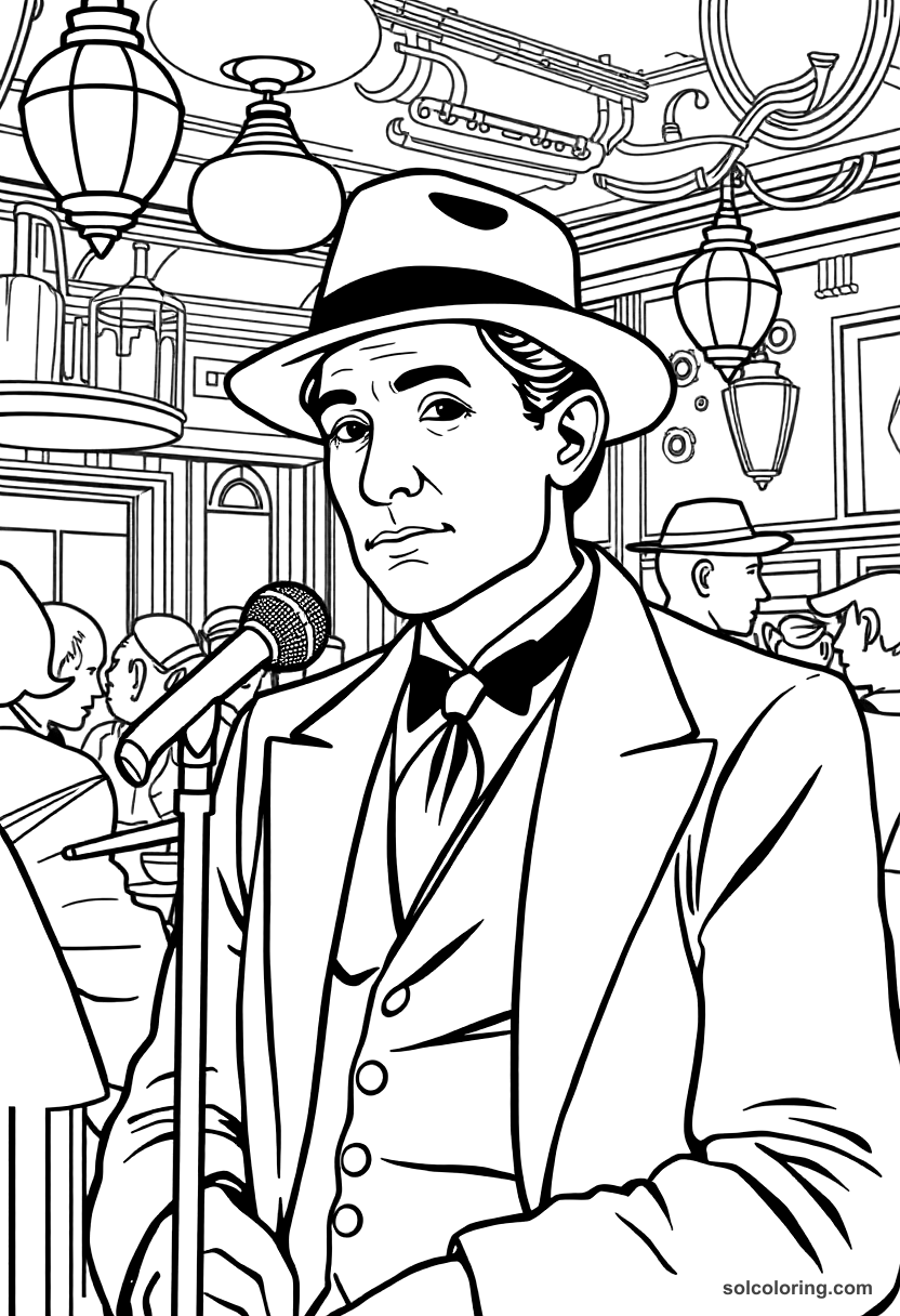 1920s Jazz Club Scene coloring page, free printable detailed style