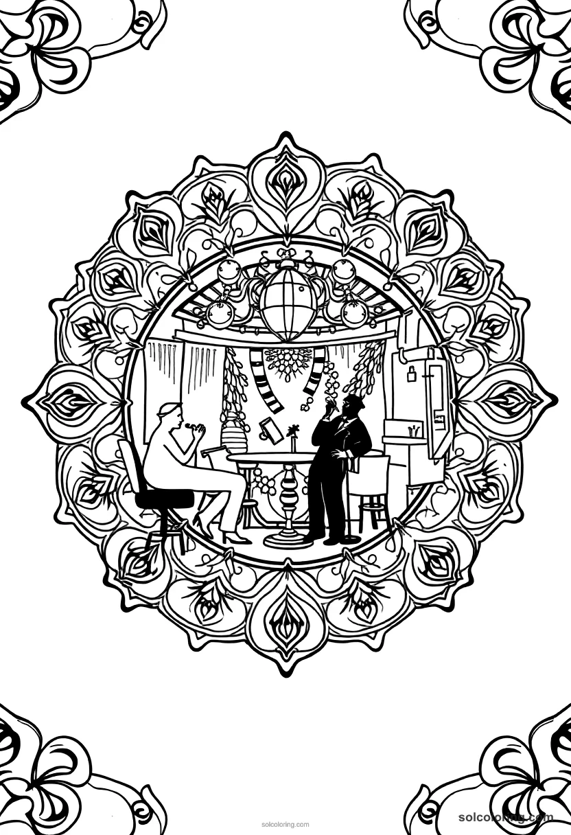Mandala 1920s Jazz Club Scene mandala coloring page for kids