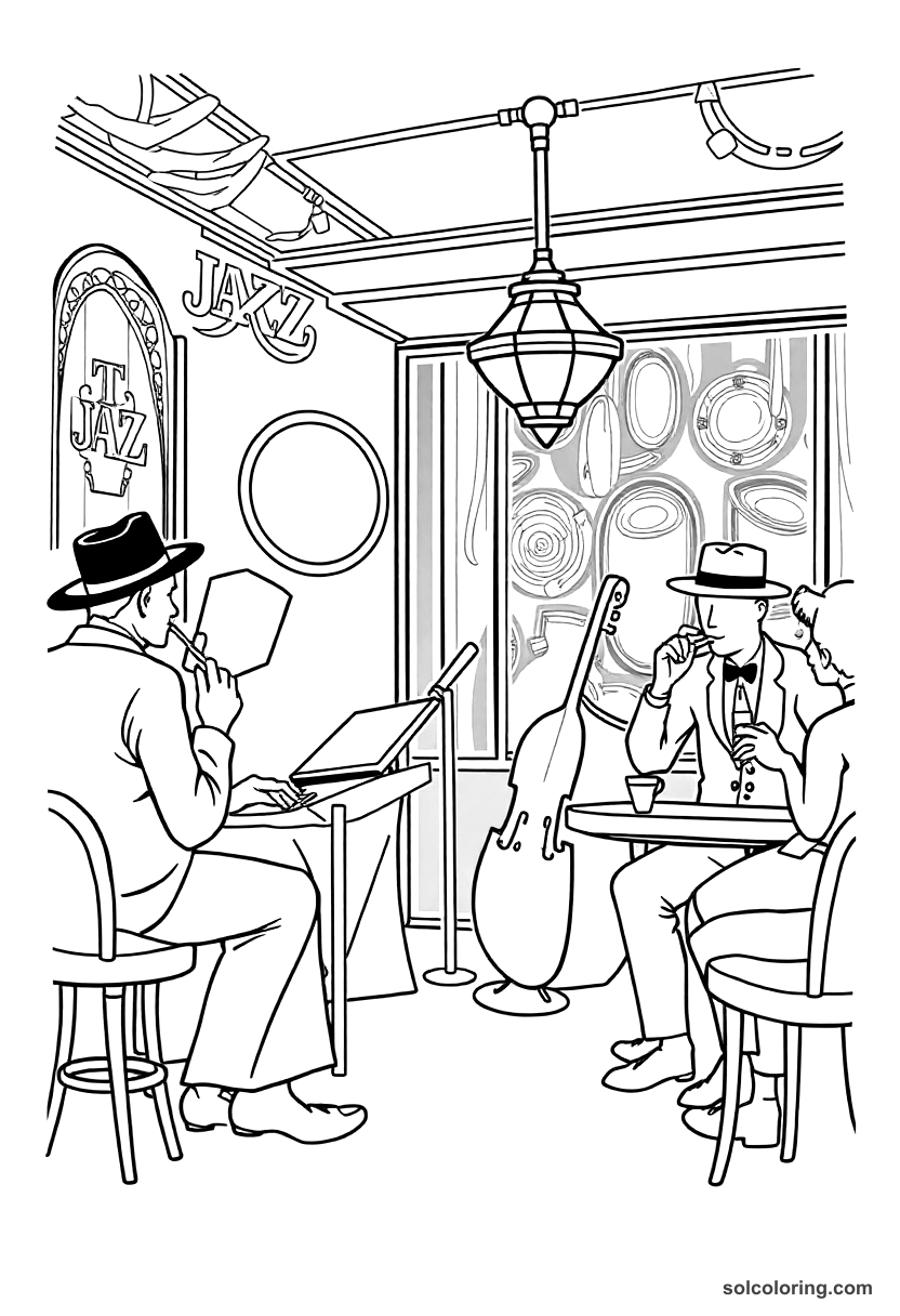 Simple 1920s Jazz Club Scene coloring page, free printable simple style