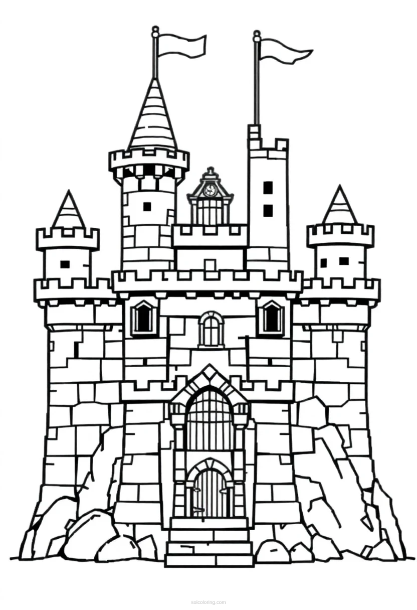 8-Bit Castle Fortress coloring page for kids