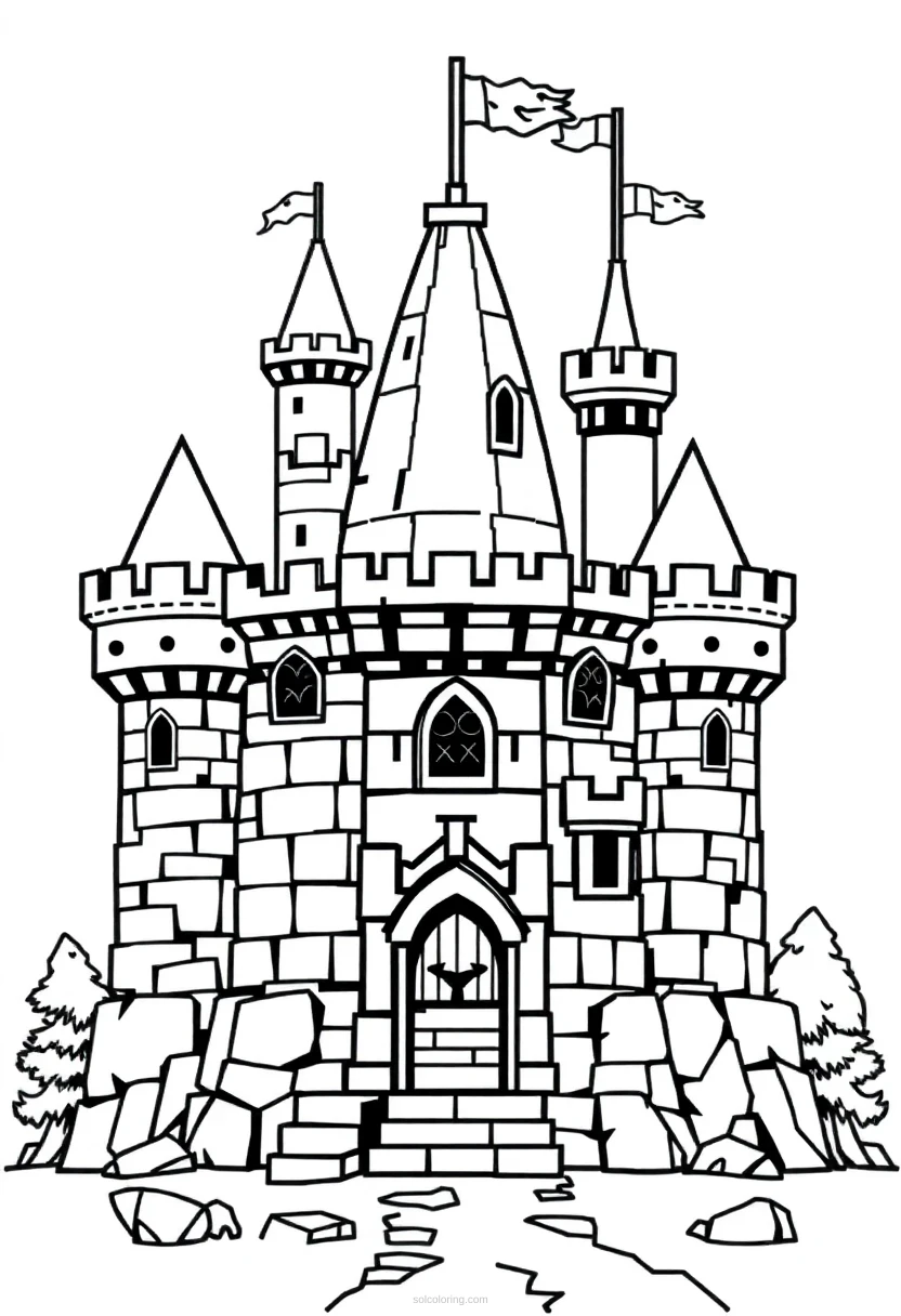 8-Bit Castle Fortress coloring page for kids
