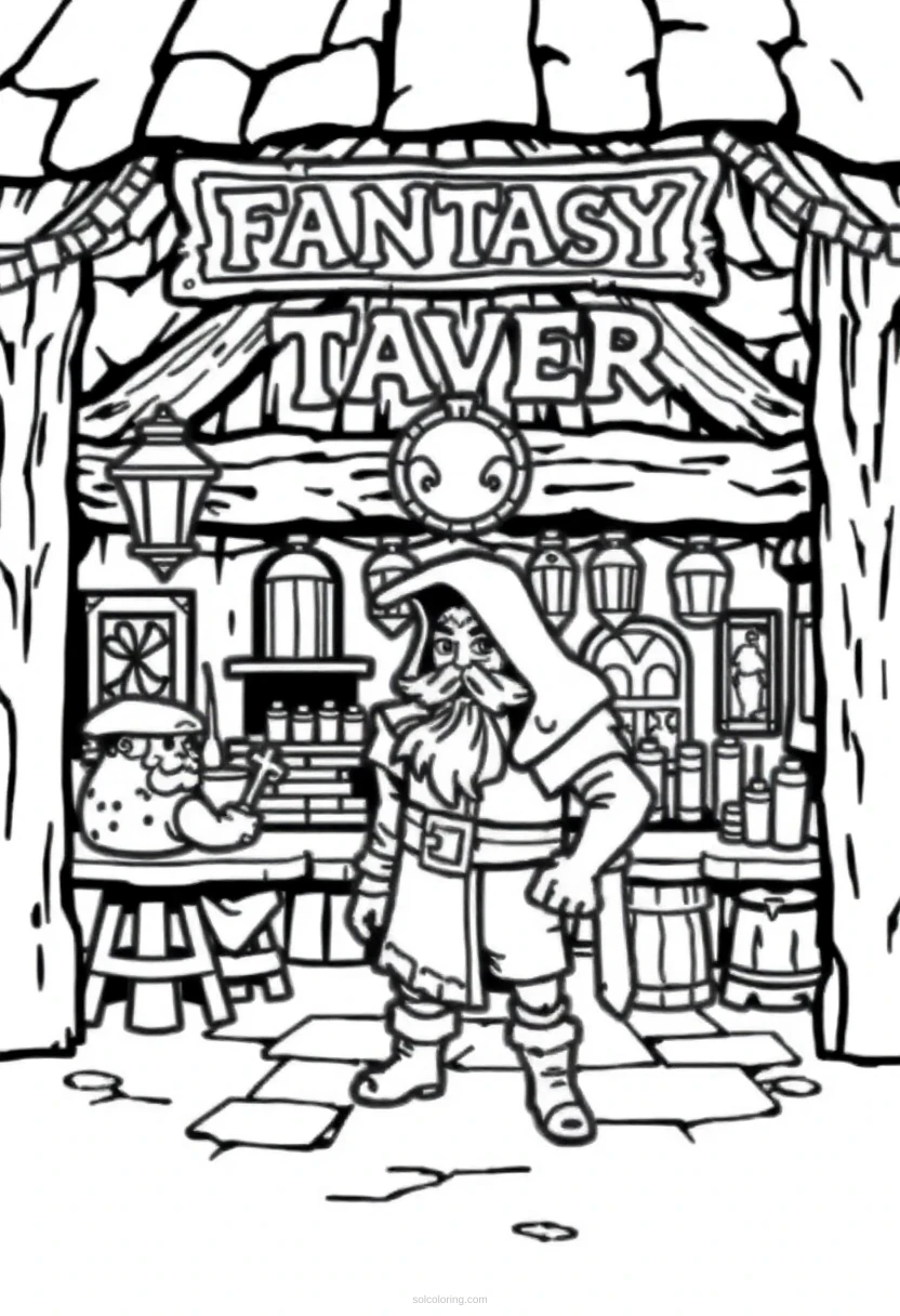 8-Bit Fantasy Tavern coloring page for kids