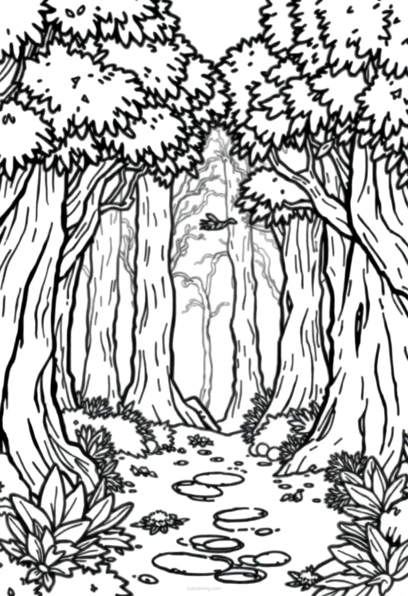 8-Bit Magical Forest coloring page for kids