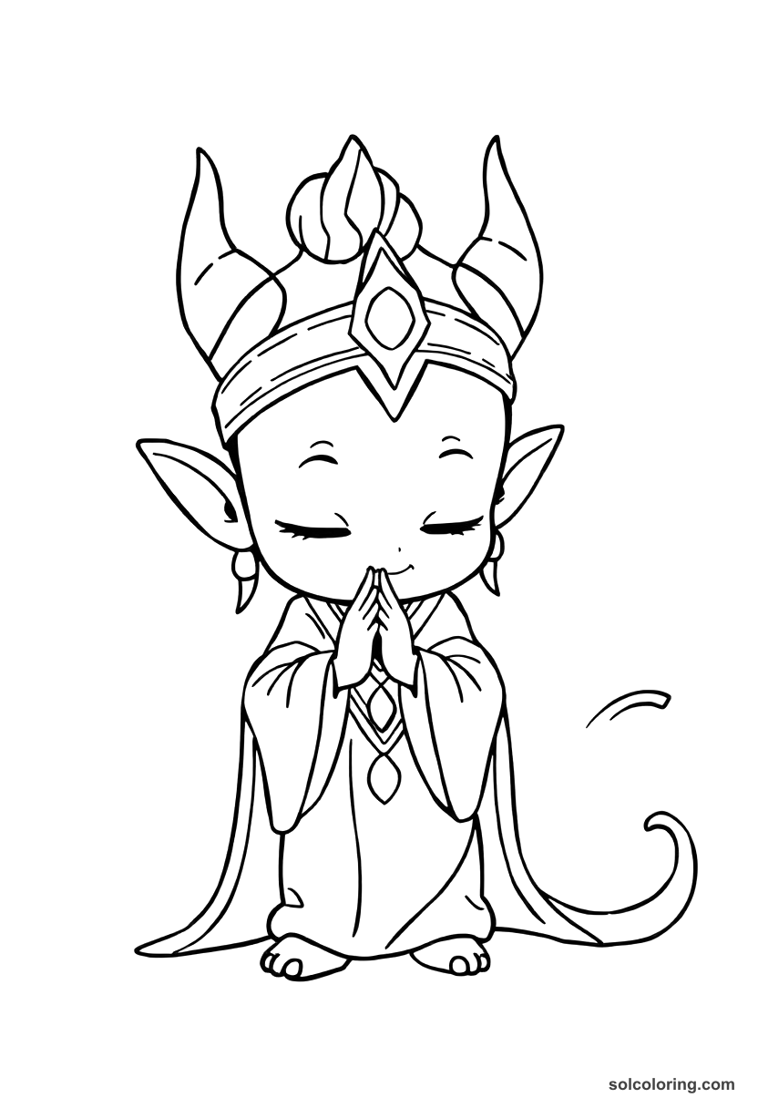 Chibi A djinn bowing before King Solomon coloring page, free printable chibi style