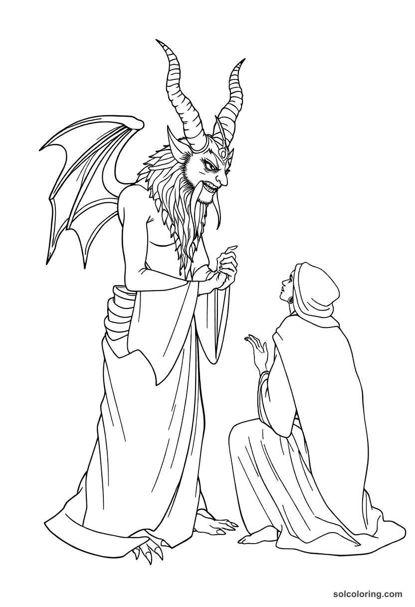 A djinn bowing before King Solomon coloring page, free printable detailed style