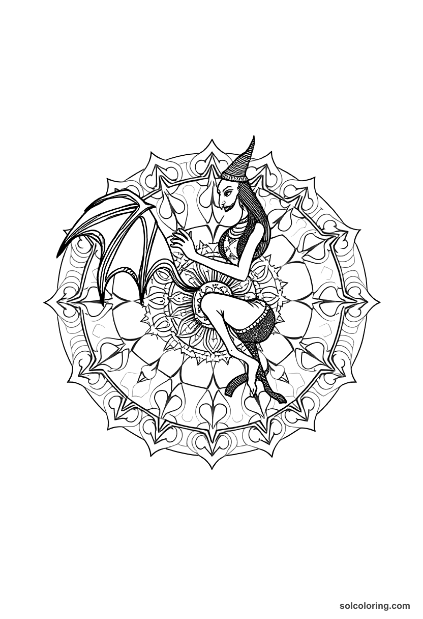 Mandala A djinn bowing before King Solomon coloring page, free printable mandala style