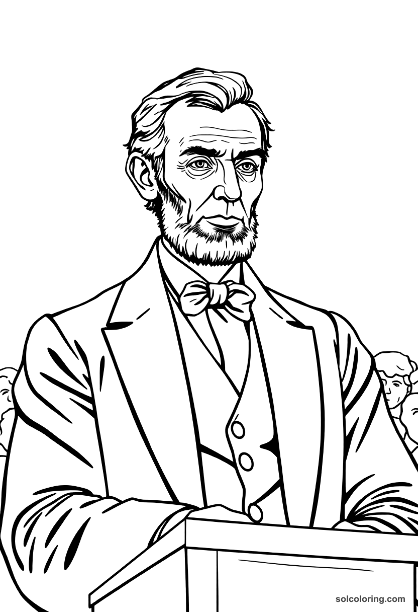 Abraham Lincoln Delivering the Gettysburg Address coloring page, free printable detailed style