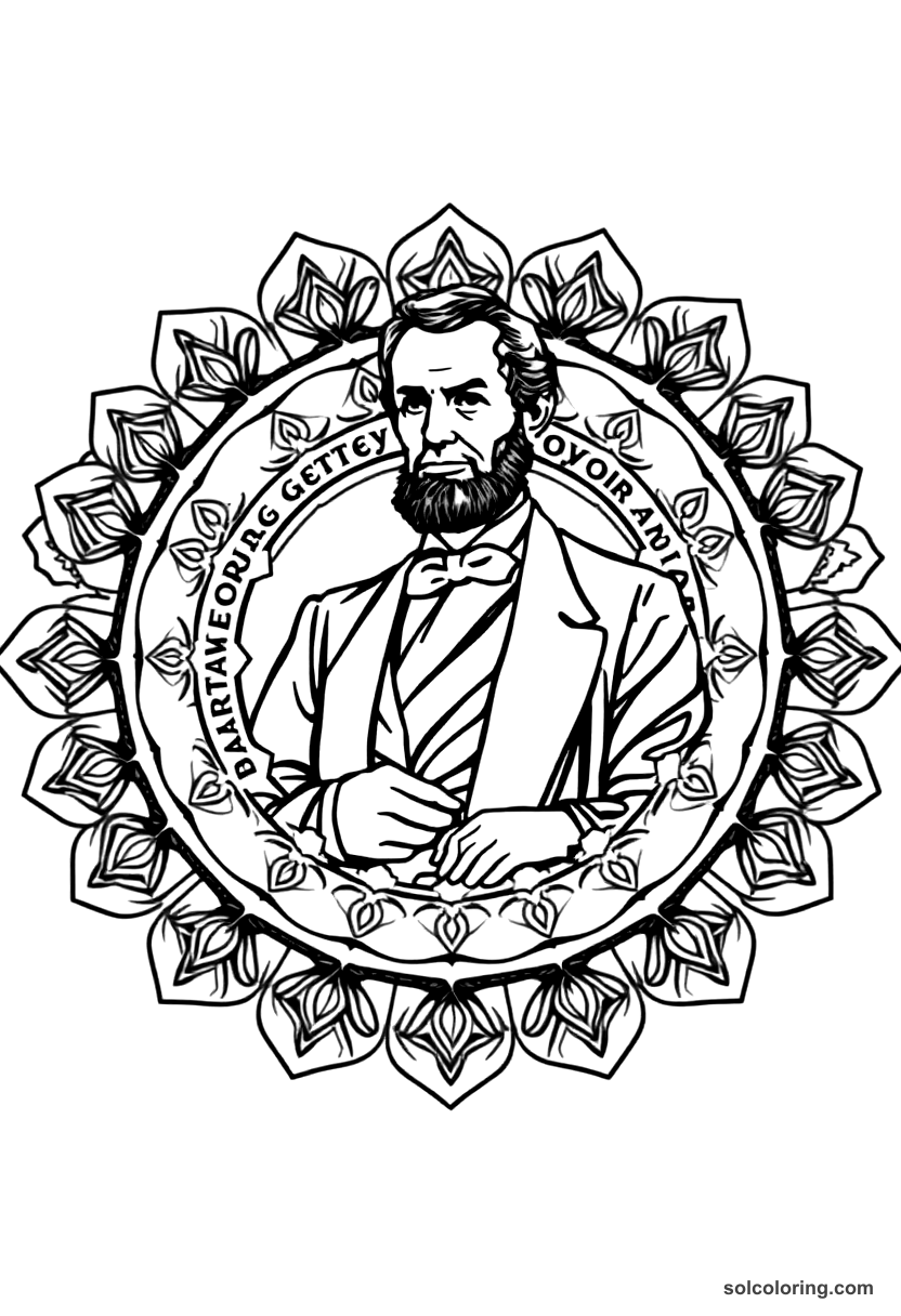 Mandala Abraham Lincoln Delivering the Gettysburg Address coloring page, free printable mandala style