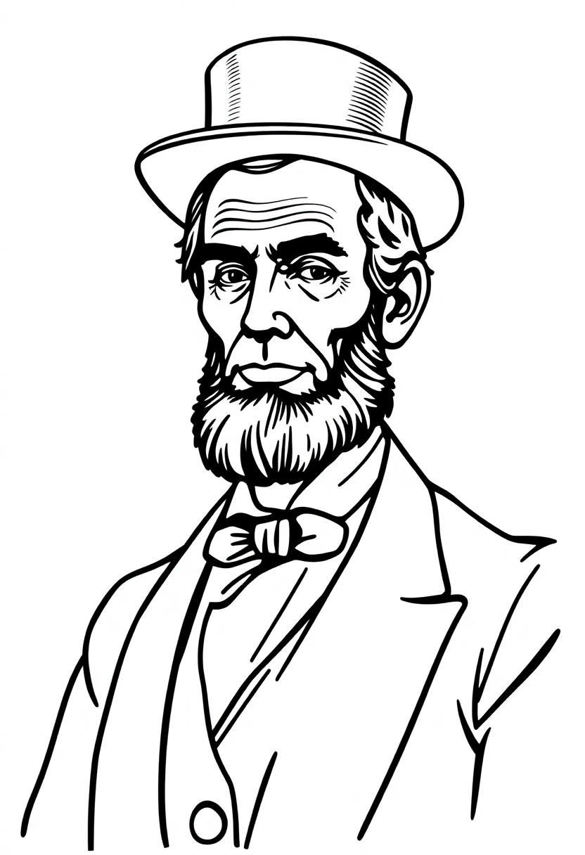 Abraham Lincoln with Top Hat coloring page showing the 16th president in cute chibi style with his famous stovepipe hat