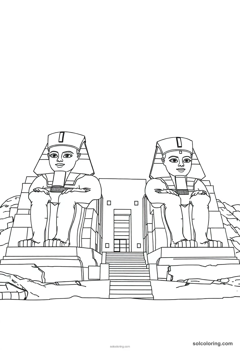 Abu Simbel Colossi of Ramses II detailed coloring page for kids