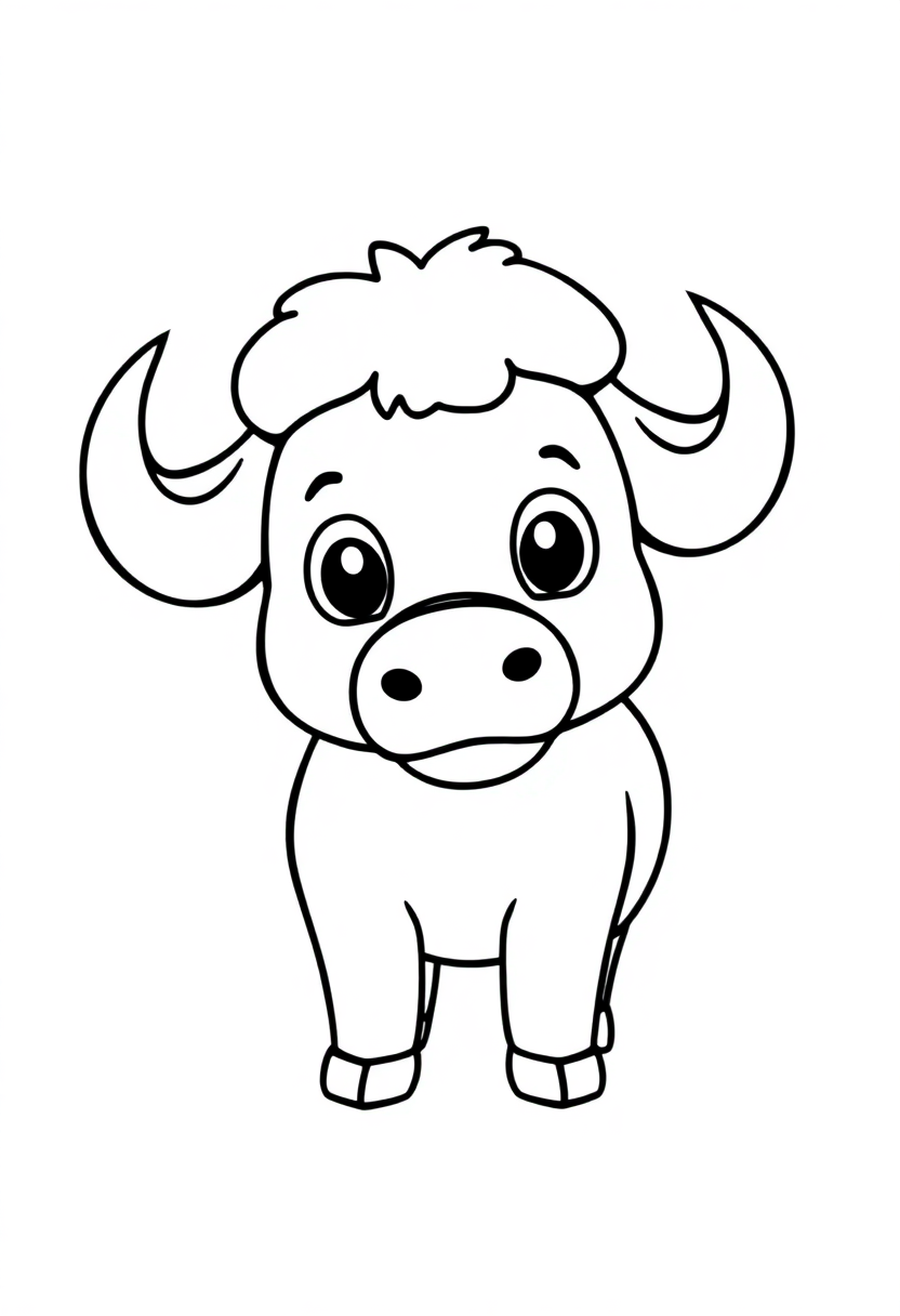 Cute cartoon African buffalo coloring page with bold black outlines, friendly face, and simplified safari animal design for kids