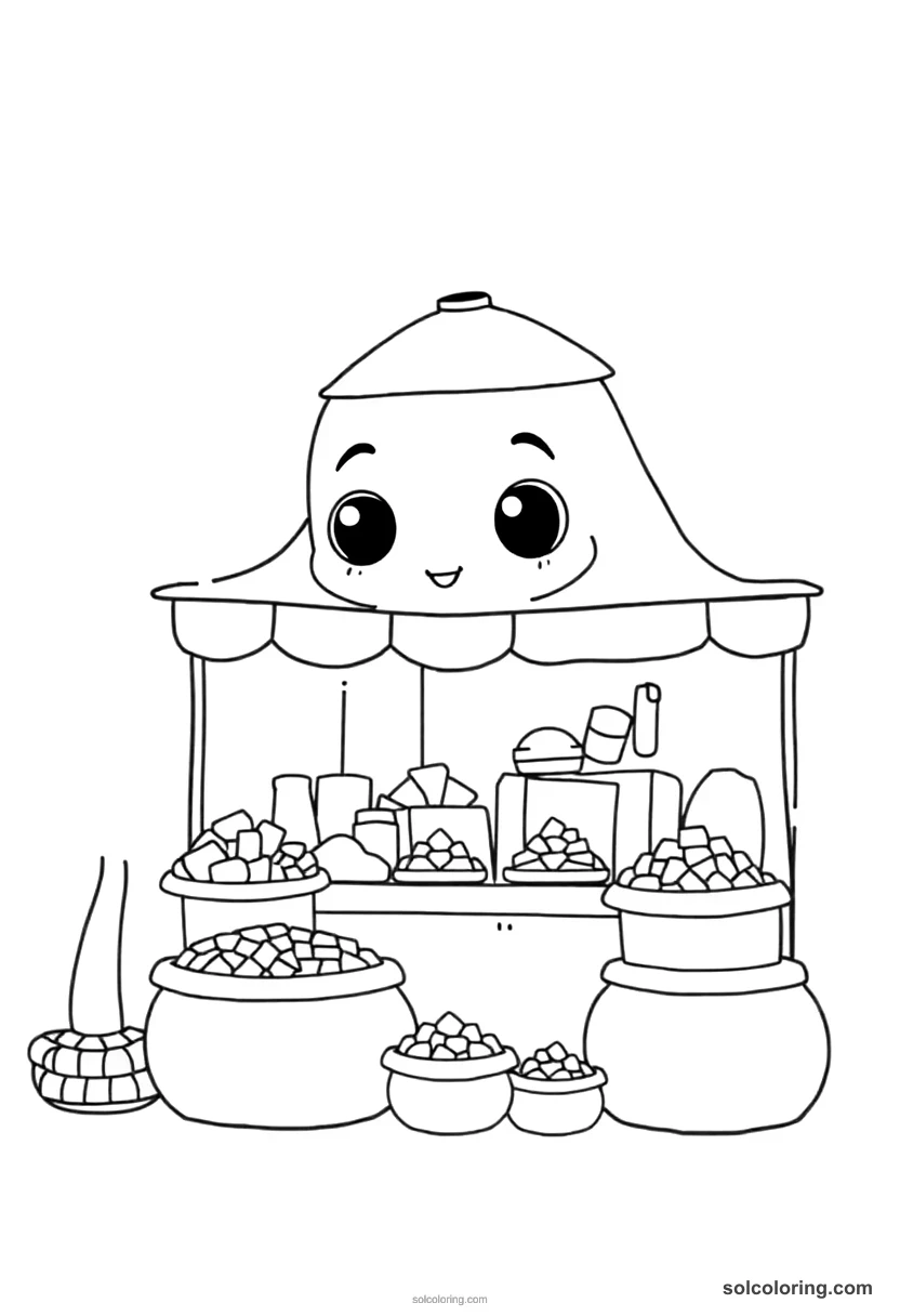 Cute Cartoon African Kingdom of Mali Gold Trade Market cute cartoon coloring page for kids