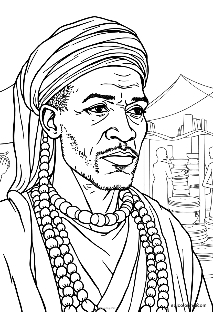 African Kingdom of Mali Gold Trade Market detailed coloring page for kids