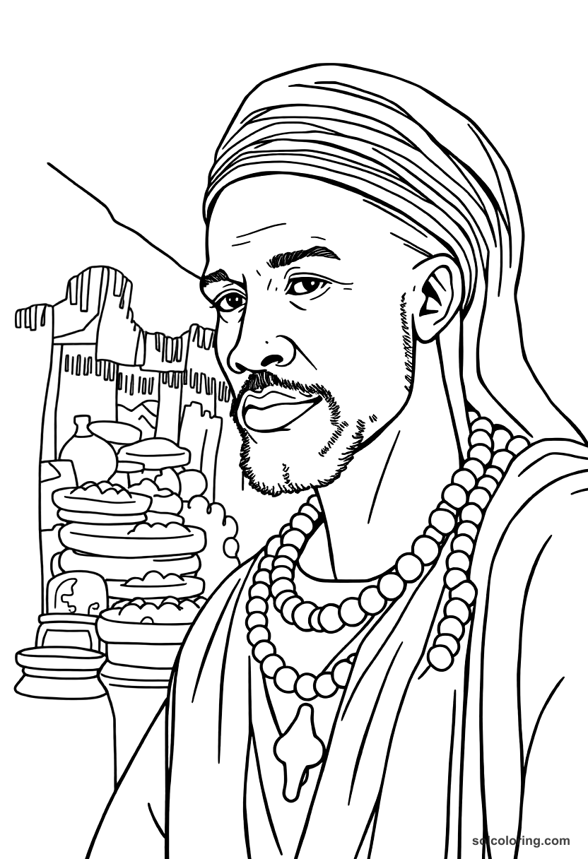 African Kingdom of Mali gold trade market coloring page showing merchants, camels, traditional buildings and trading scene