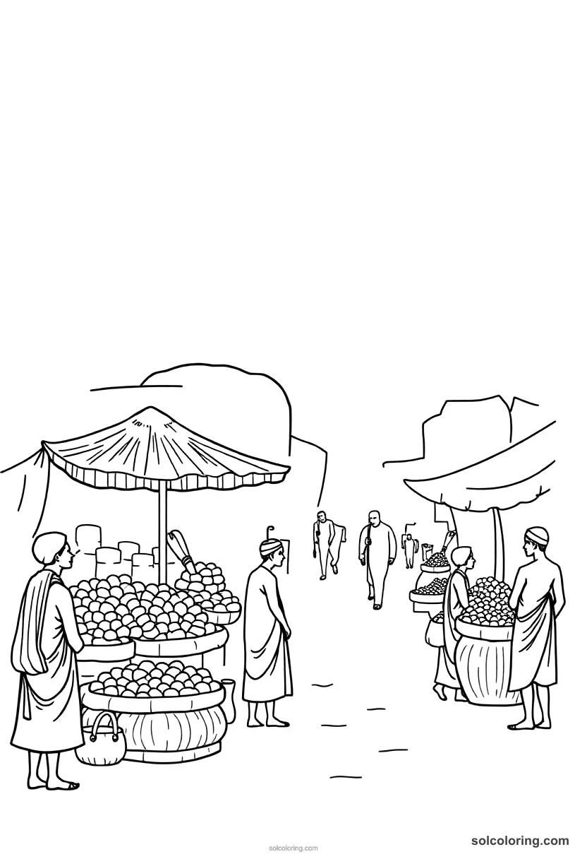 Simple African Kingdom of Mali Gold Trade Market simple coloring page for kids