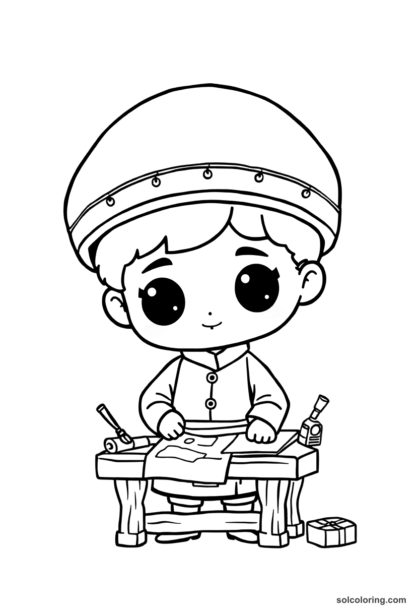 Chibi style coloring page showing cute cartographer in workshop with maps, compass, and exploration tools
