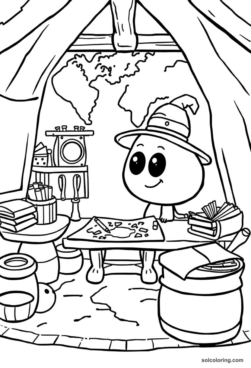 Cute cartoon cartographer's workshop coloring page with maps, compass, globe and navigation tools from Age of Exploration