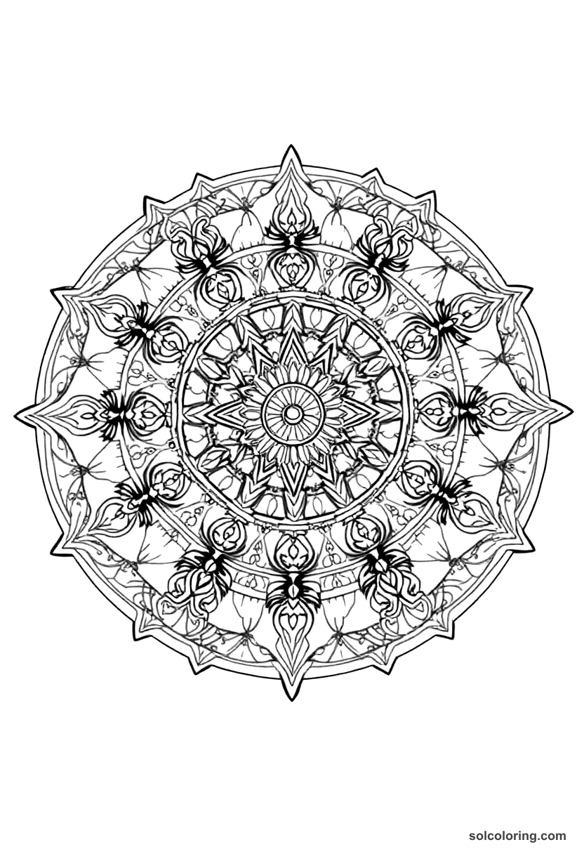 Mandala coloring page featuring Age of Exploration cartographer tools, maps, compasses, and ships in circular pattern