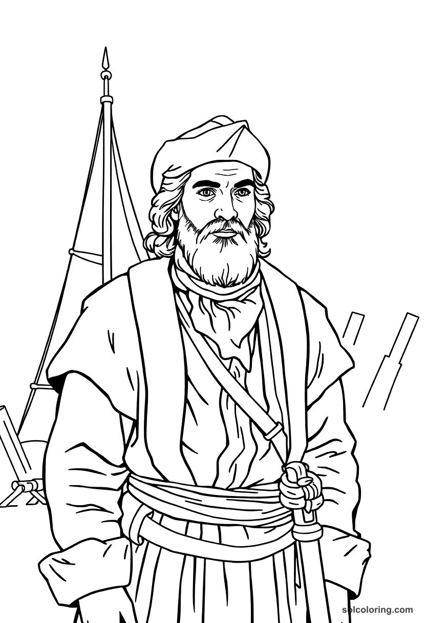 Age of exploration cartographer workshop coloring page showing map maker with compass, maps, and navigation tools