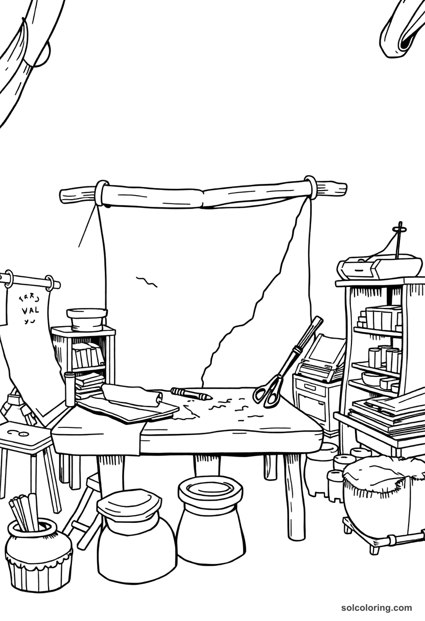 Simple coloring page showing cartographer at desk with maps, compass, and globe in Age of Exploration workshop setting