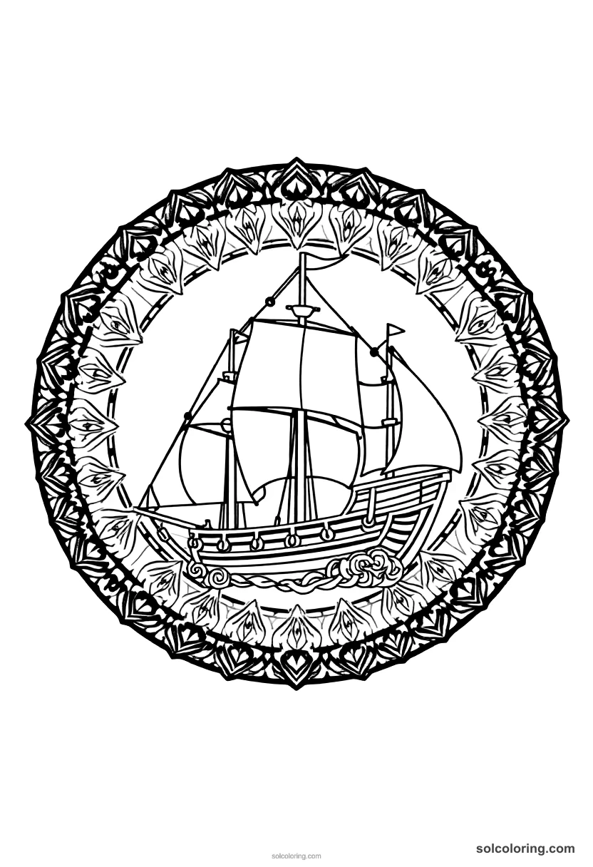 Mandala Age of Sail Pirate Ship Battle mandala coloring page for kids