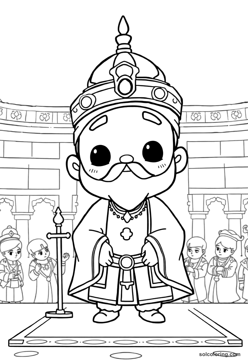 Chibi Akbar the Great at His Durbar coloring page, free printable chibi style
