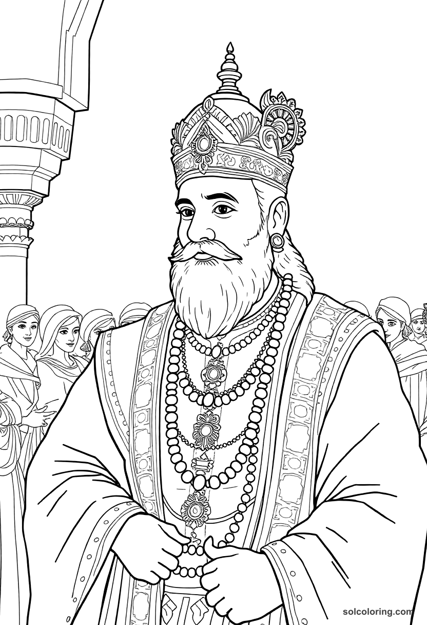 Akbar the Great at His Durbar coloring page, free printable detailed style