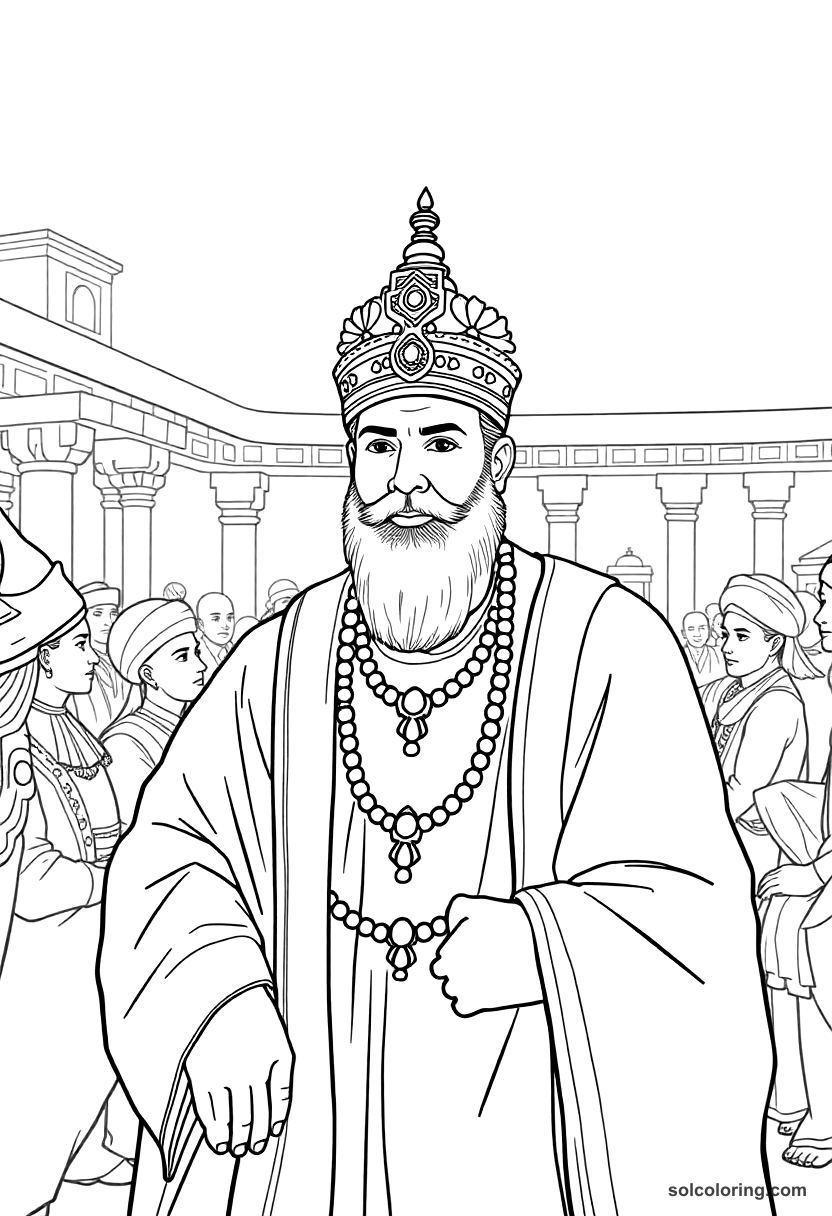 Akbar the Great at His Durbar coloring page, free printable realistic style