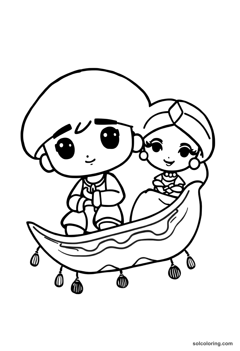 Chibi Aladdin on his flying carpet with Princess Jasmine coloring page, free printable chibi style