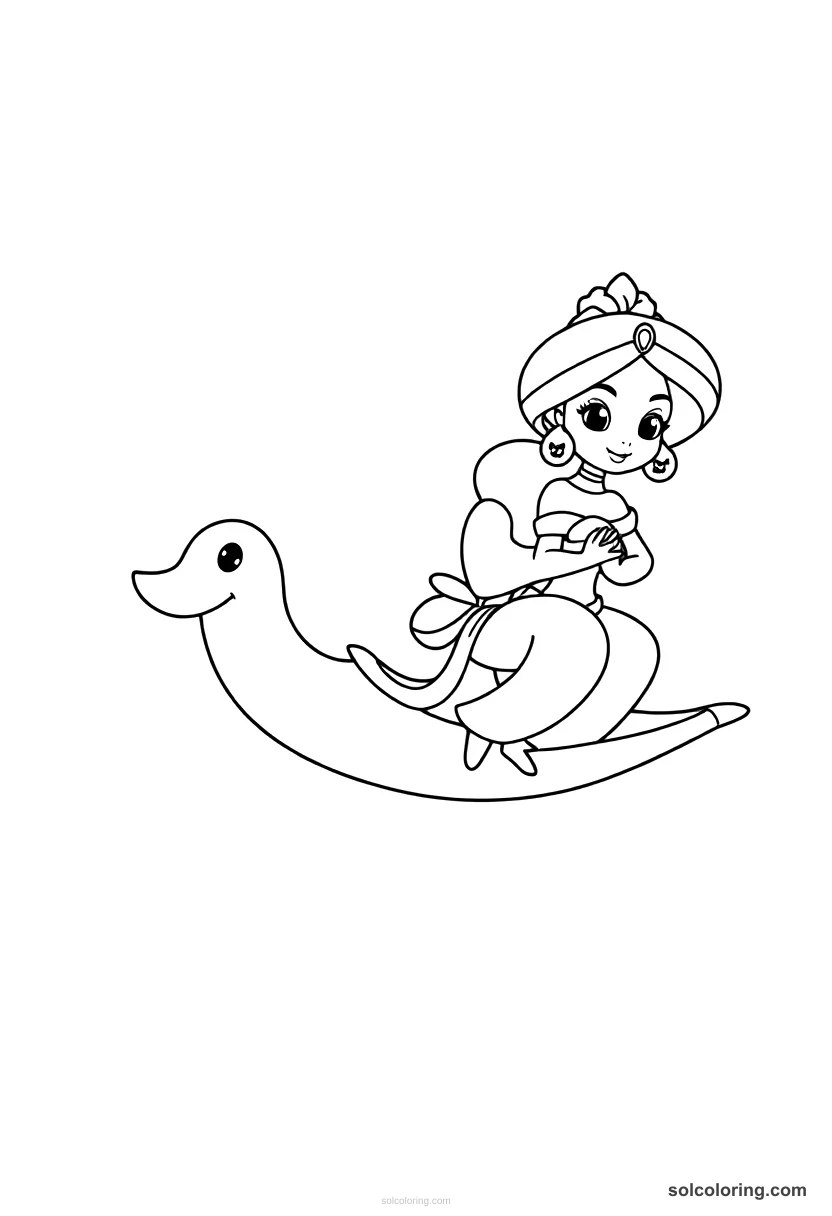 Cute Cartoon Aladdin on his flying carpet with Princess Jasmine cute cartoon coloring page for kids