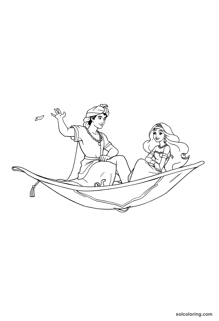Aladdin on his flying carpet with Princess Jasmine coloring page, free printable detailed style