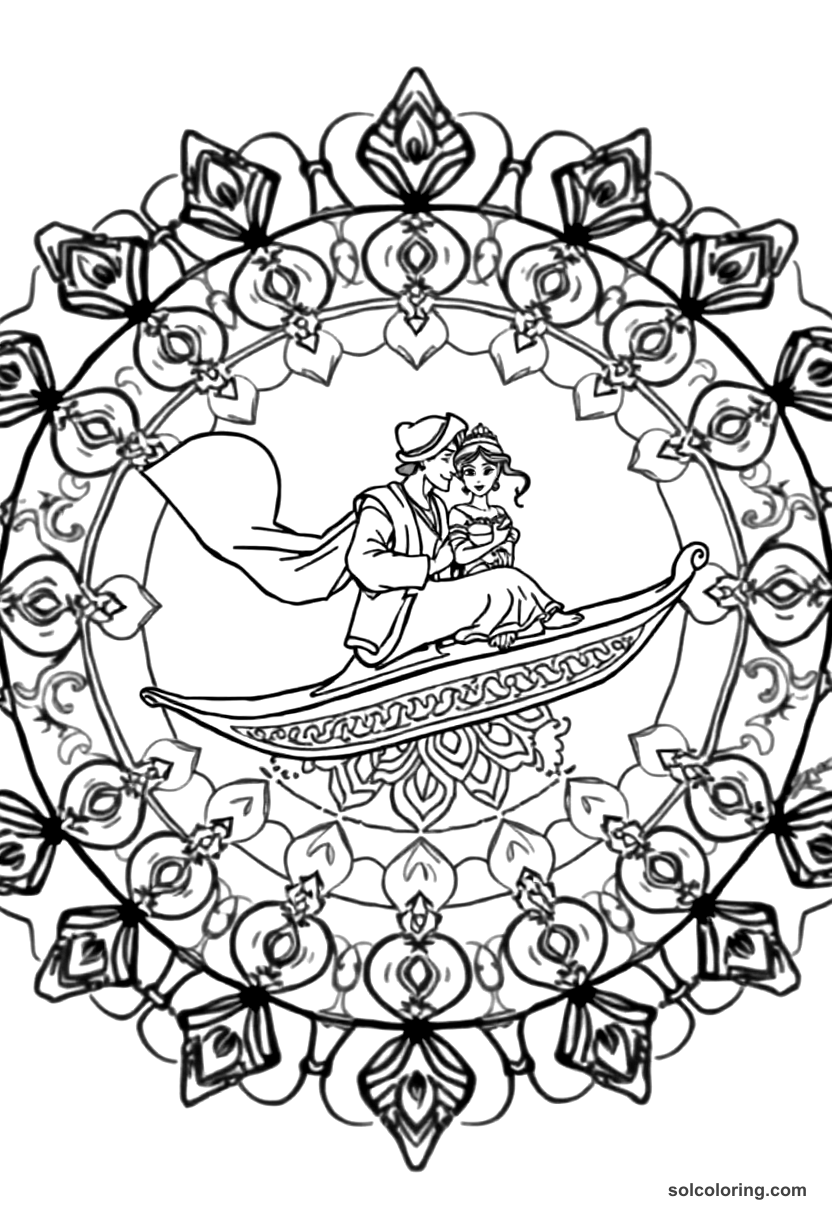 Mandala Aladdin on his flying carpet with Princess Jasmine coloring page, free printable mandala style