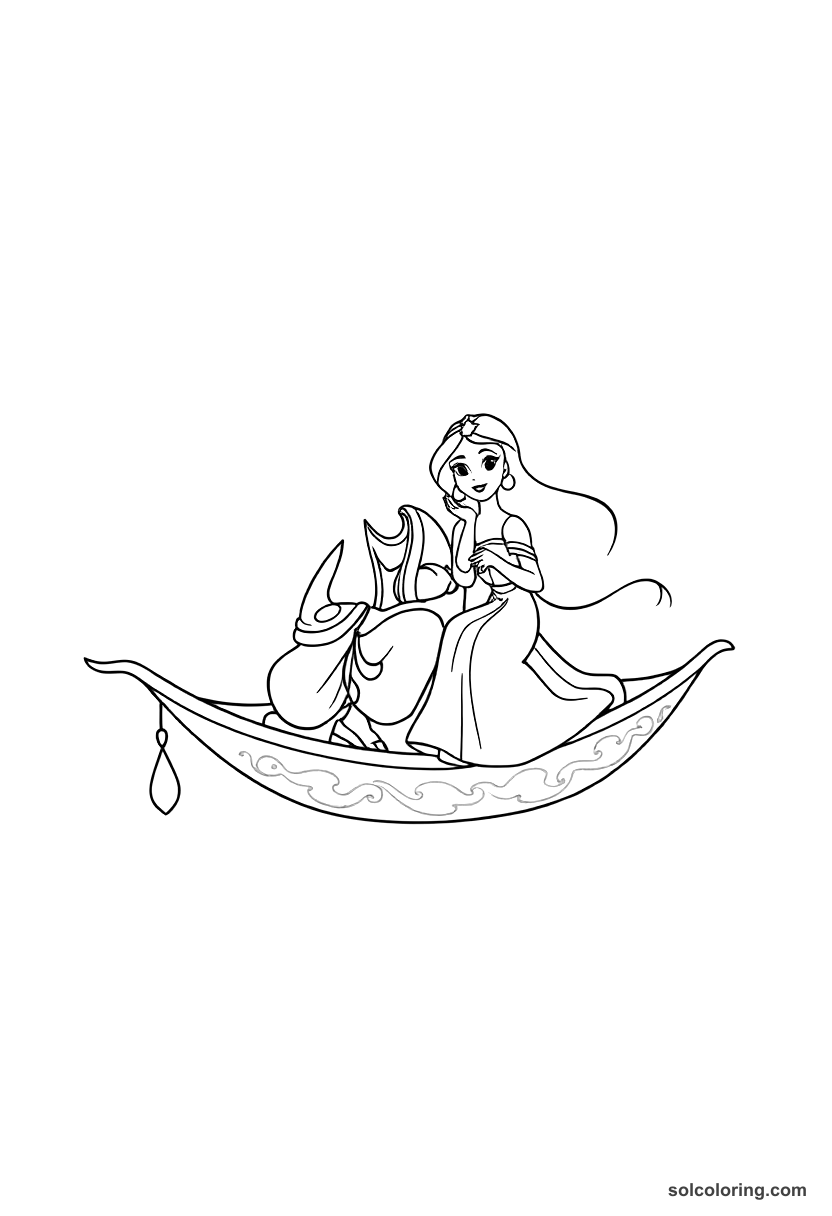 Simple Aladdin on his flying carpet with Princess Jasmine coloring page, free printable simple style