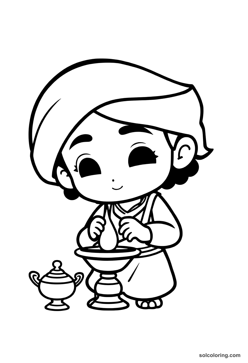 Chibi Aladdin rubbing the magic lamp coloring page, free printable chibi style