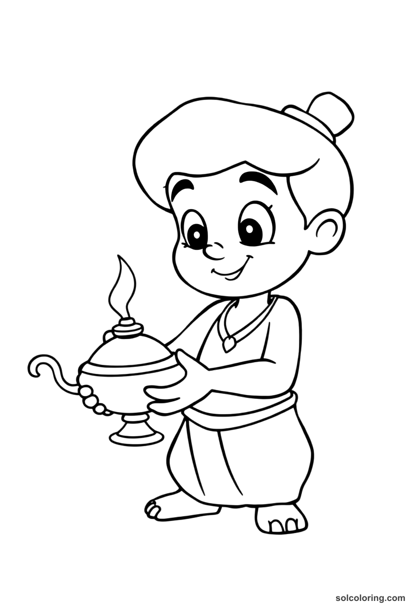 Cute Cartoon Aladdin rubbing the magic lamp coloring page, free printable cute cartoon style