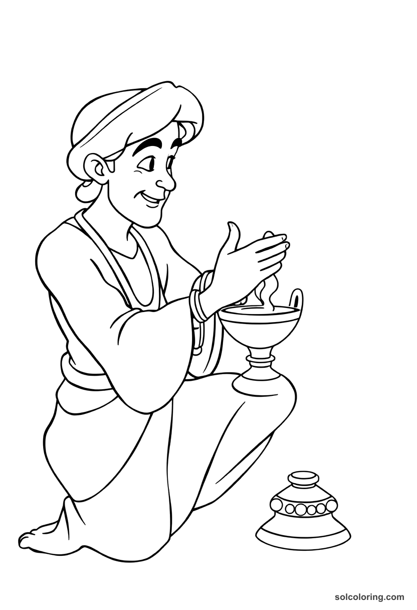 Aladdin rubbing the magic lamp coloring page, free printable detailed style