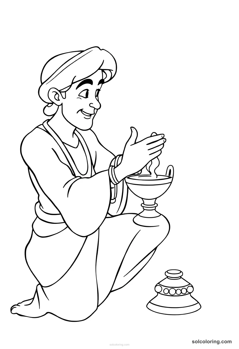 Aladdin rubbing the magic lamp detailed coloring page for kids