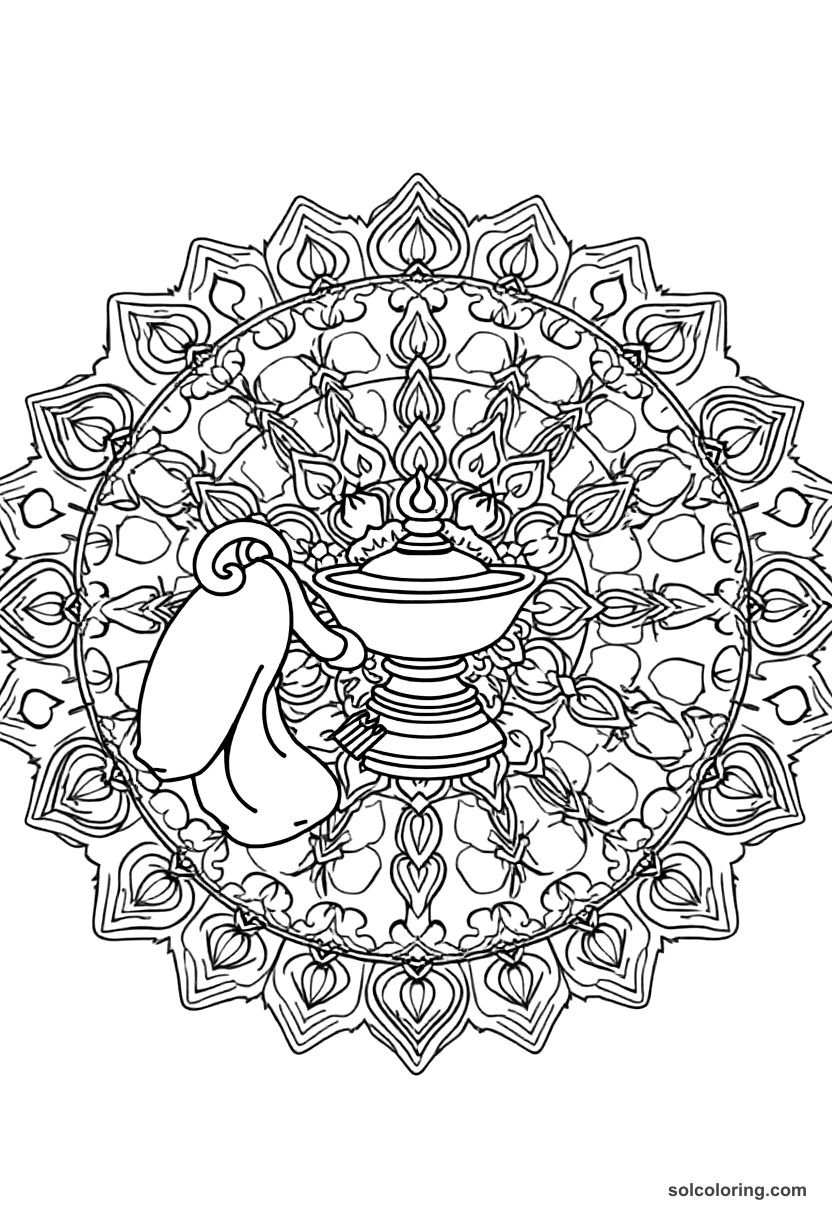 Mandala Aladdin rubbing the magic lamp coloring page, free printable mandala style