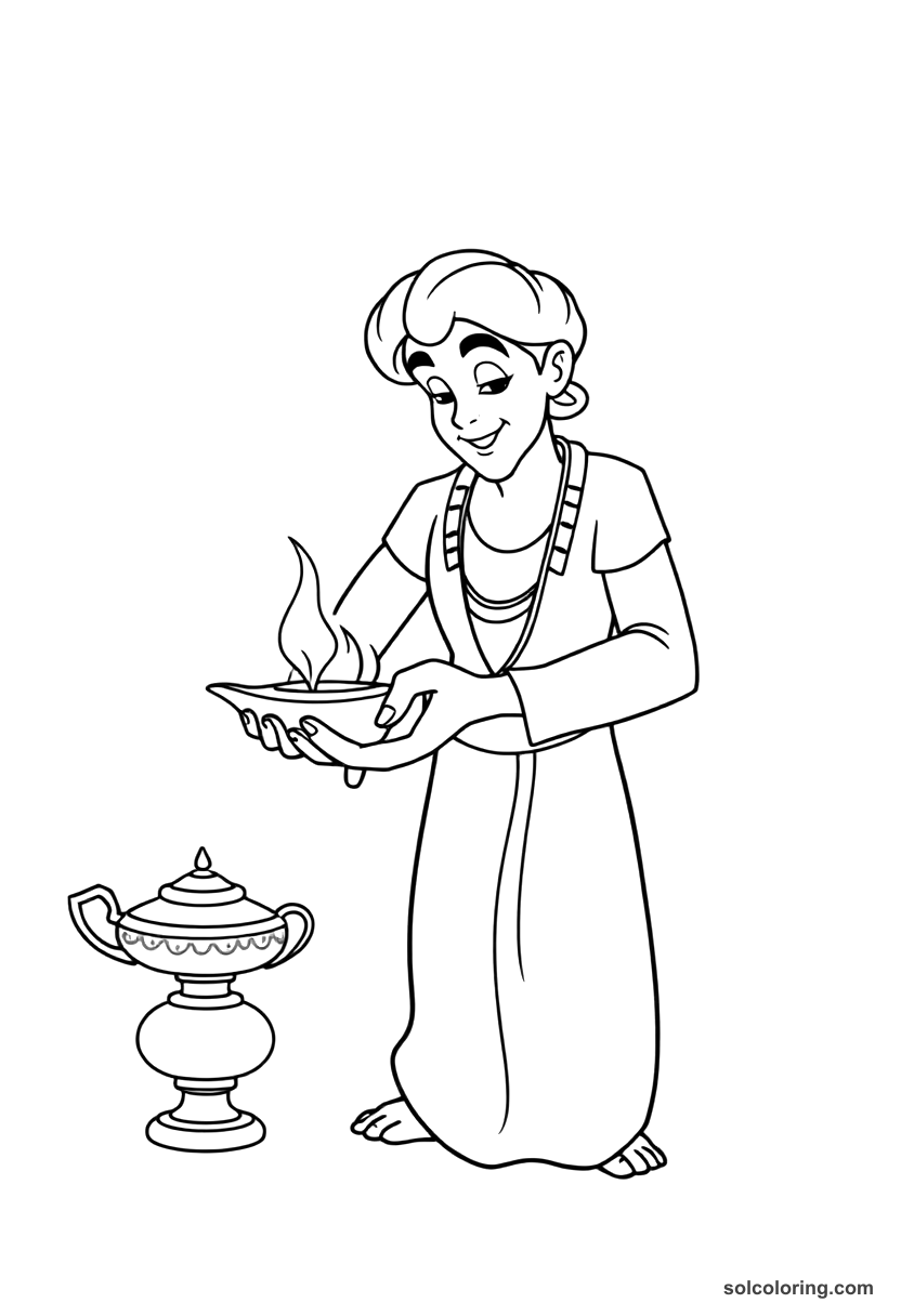 Simple Aladdin rubbing the magic lamp coloring page, free printable simple style