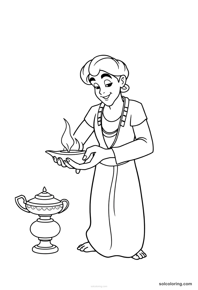 Simple Aladdin rubbing the magic lamp simple coloring page for kids