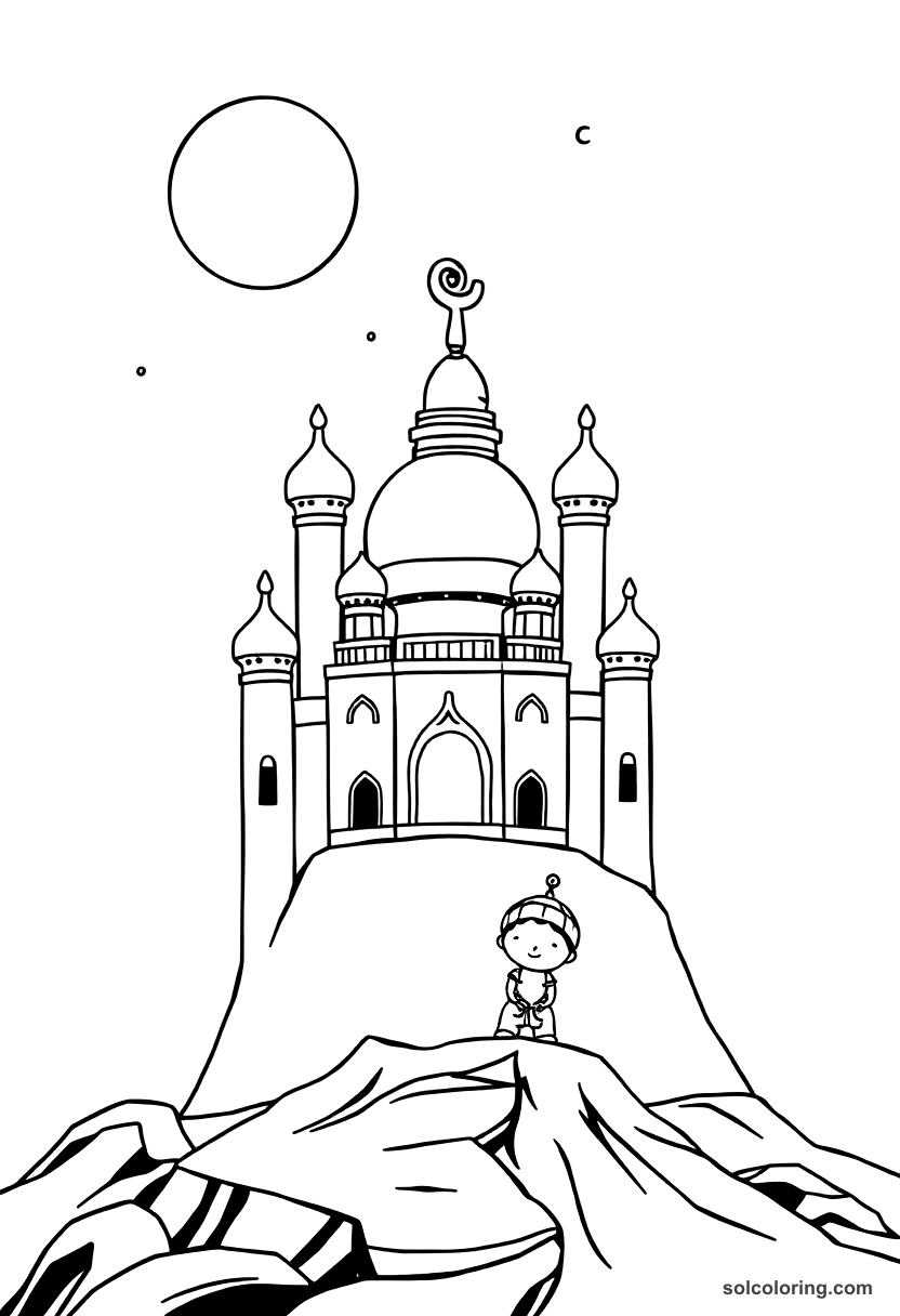 Chibi Aladdin's palace rising from the ground overnight coloring page, free printable chibi style