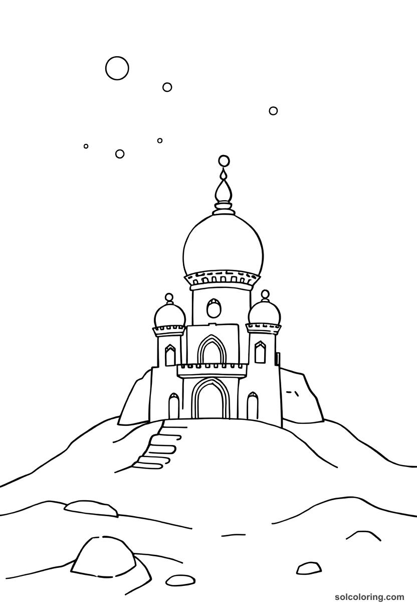 Cute Cartoon Aladdin's palace rising from the ground overnight coloring page, free printable cute cartoon style