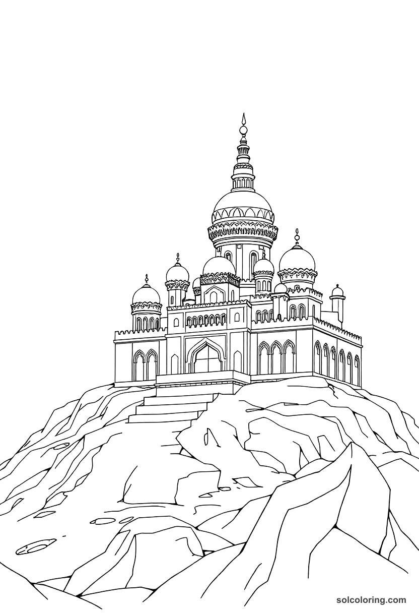 Aladdin's palace rising from the ground overnight coloring page, free printable detailed style