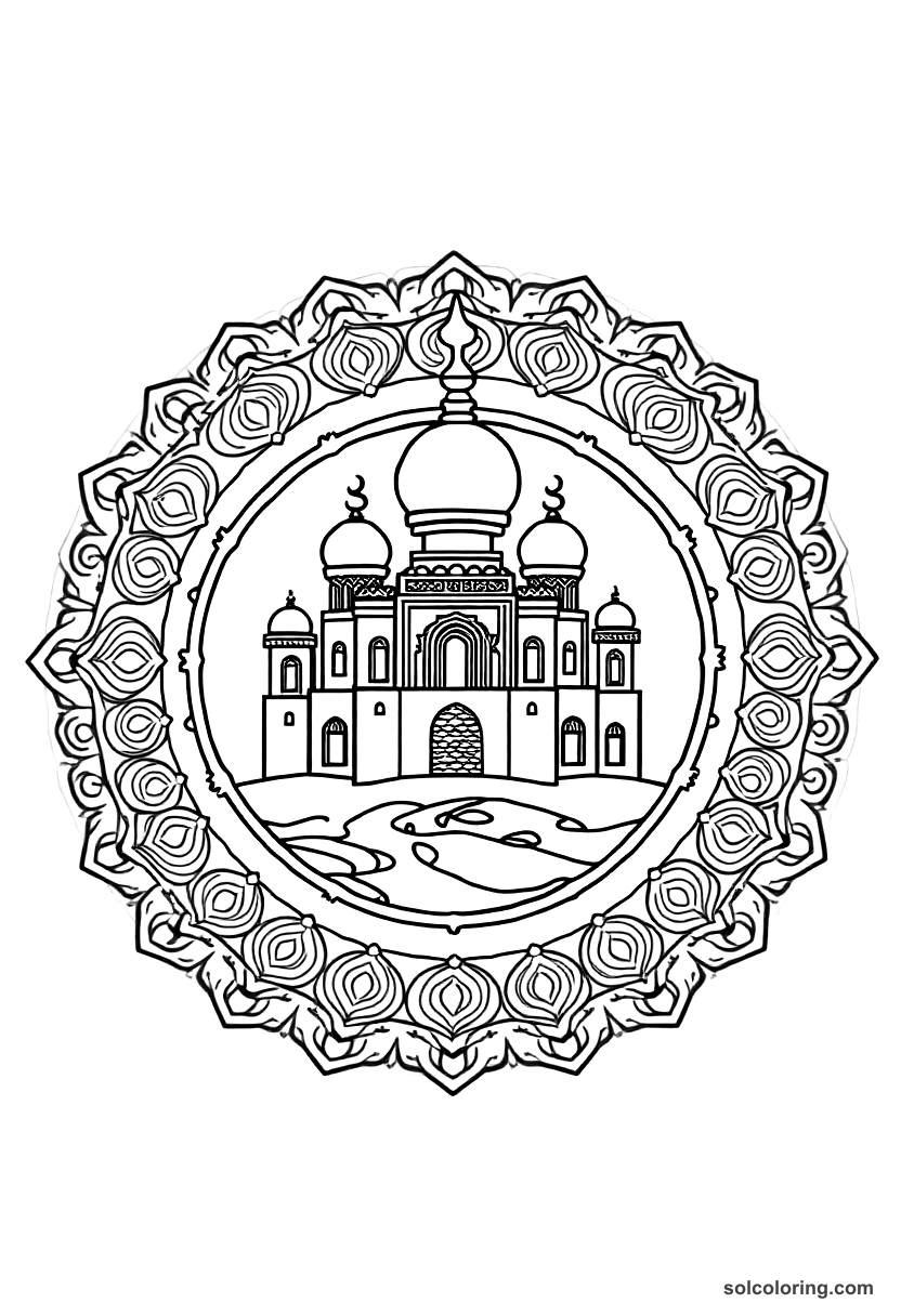 Mandala Aladdin's palace rising from the ground overnight coloring page, free printable mandala style