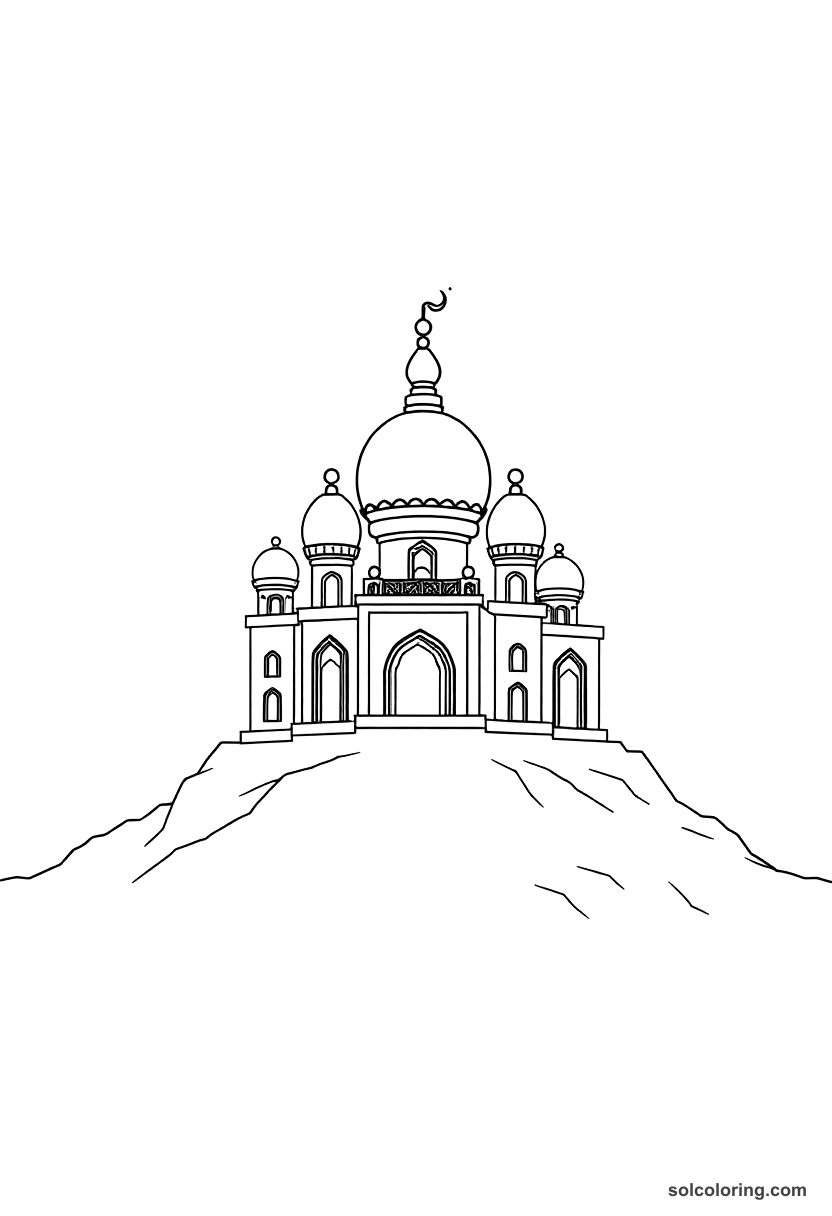 Simple Aladdin's palace rising from the ground overnight coloring page, free printable simple style