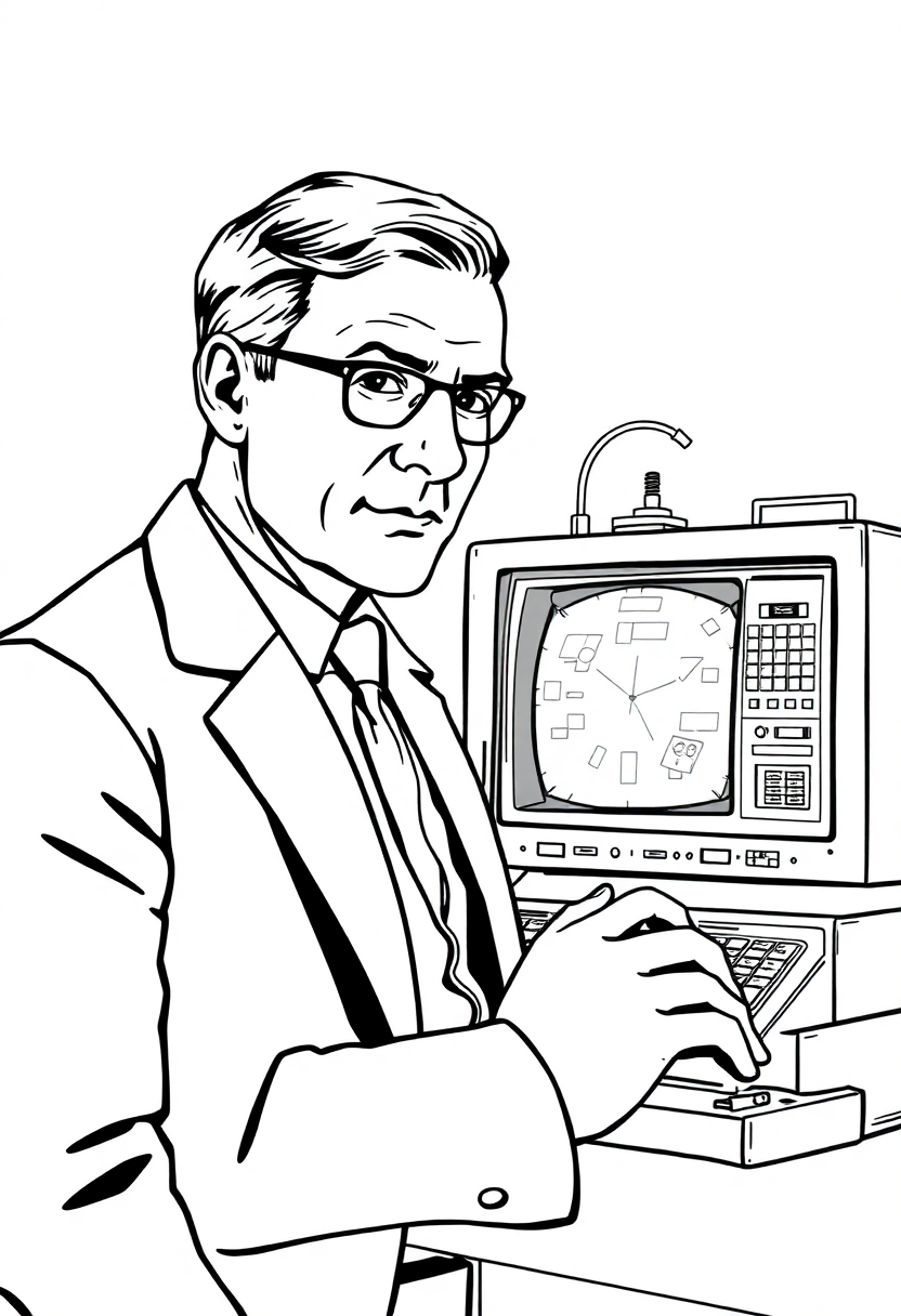 Alan Turing with Early Computer coloring page, free printable standard style for kids and adults