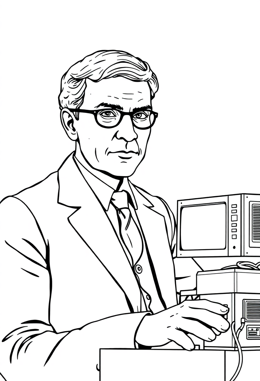 Alan Turing with Early Computer coloring page, free printable