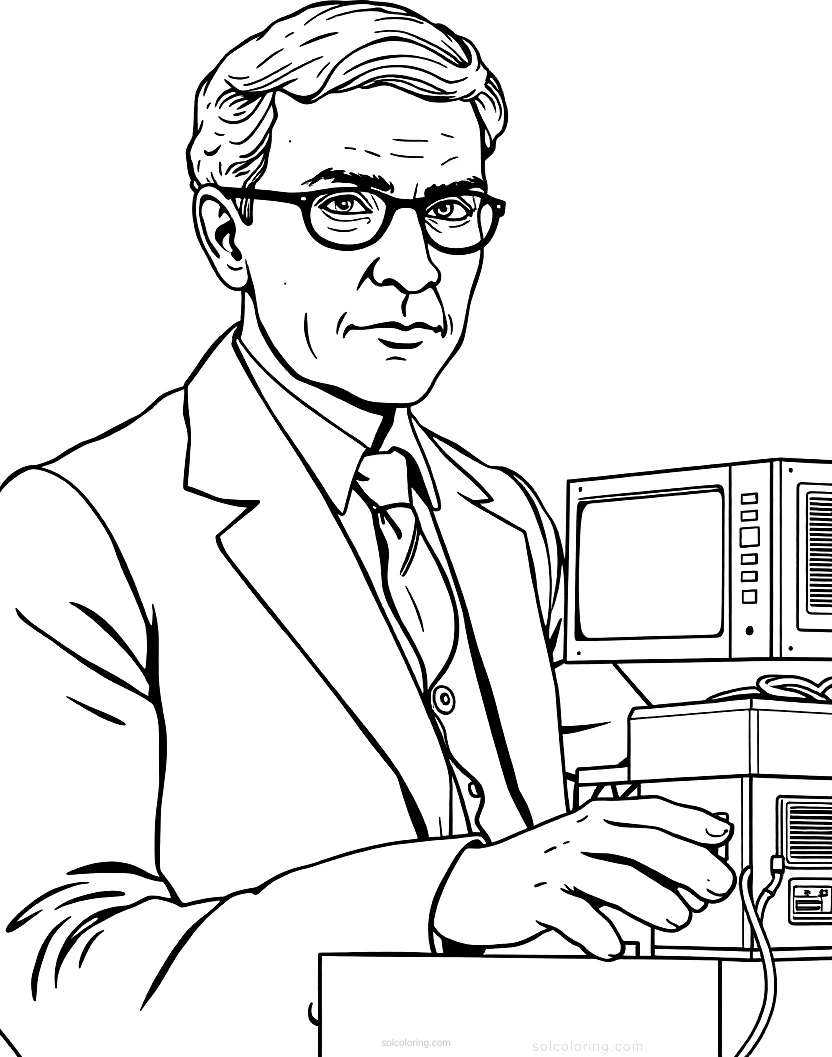 Alan Turing with Early Computer coloring page for kids