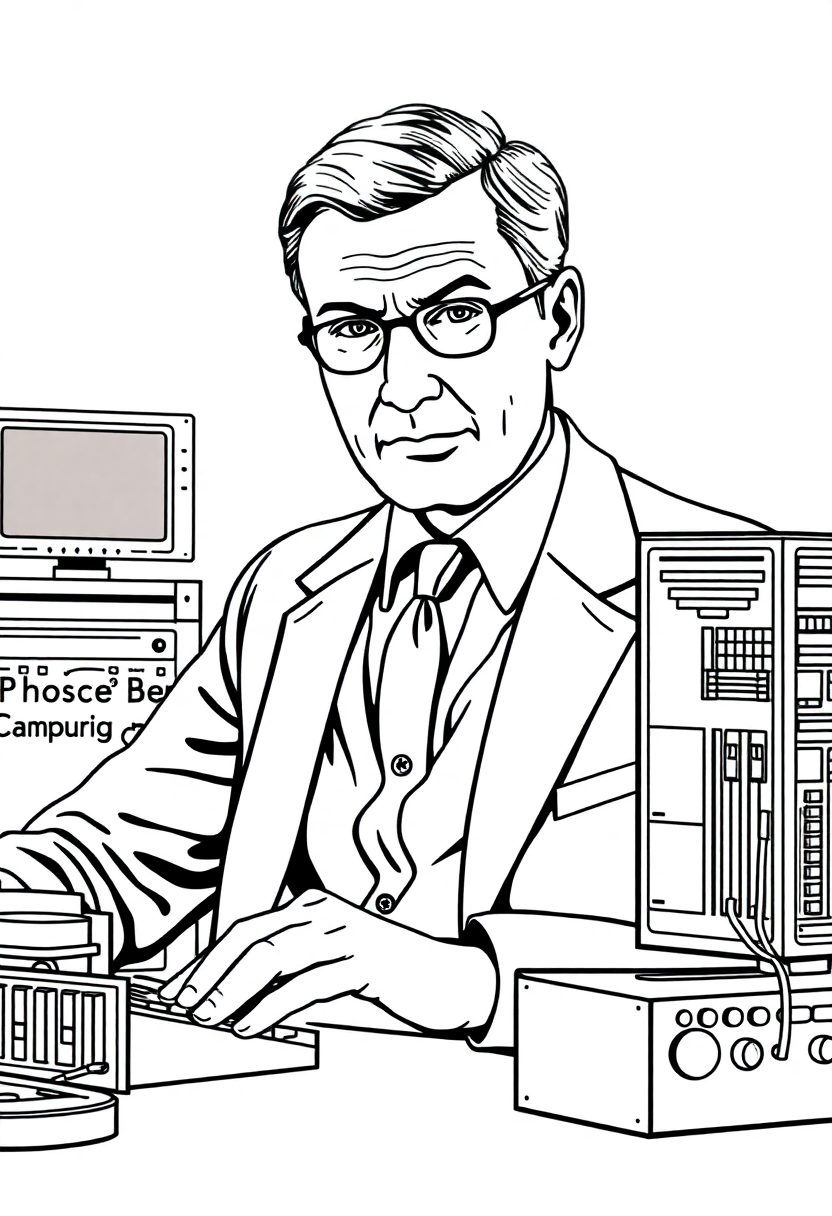 Alan Turing with Early Computer coloring page, free printable